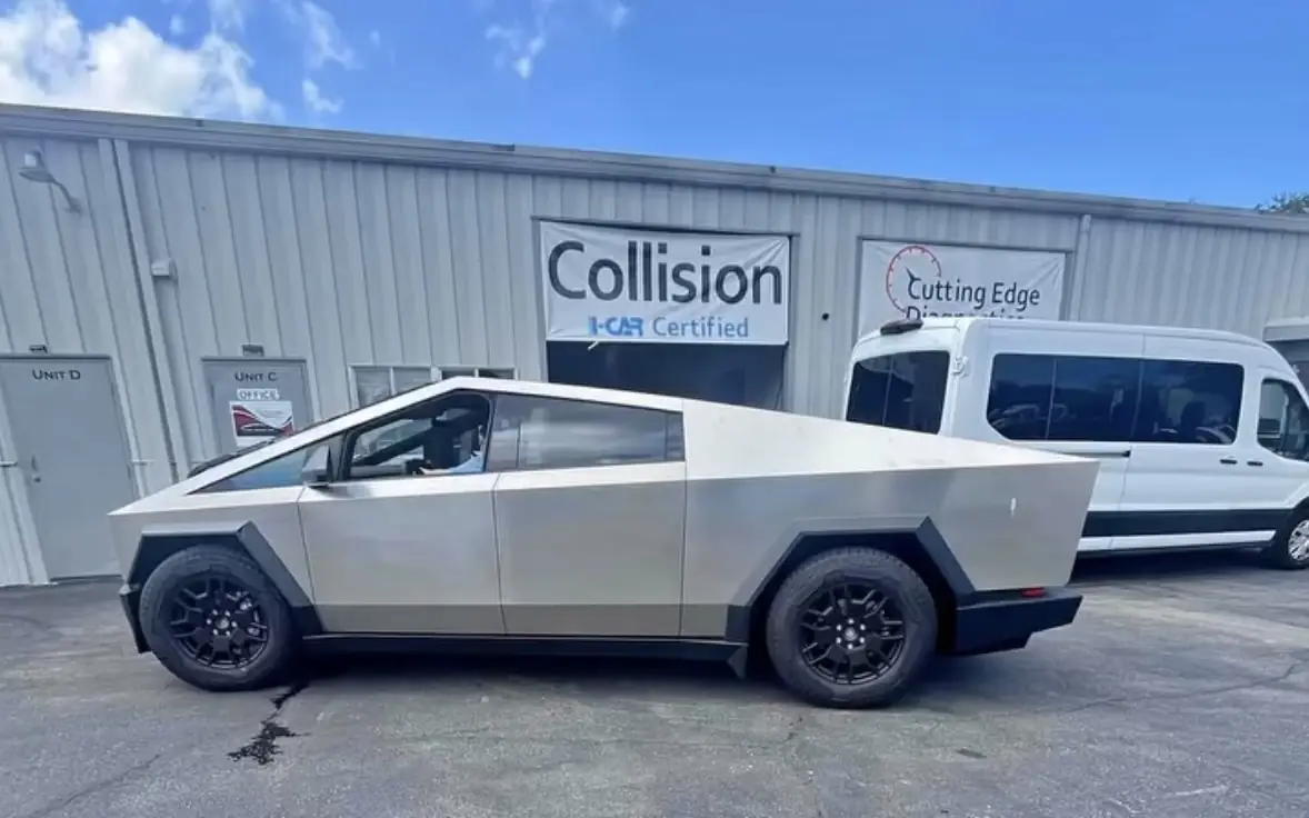 A Tesla Cybertruck outside the Cutting Edge Diagnostics collision shop in Sarasota